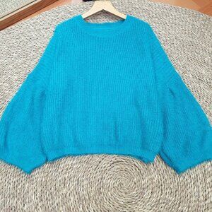 Turquoise Blue Balloon Sleeve Oversized Knit Sweater Cozy Top